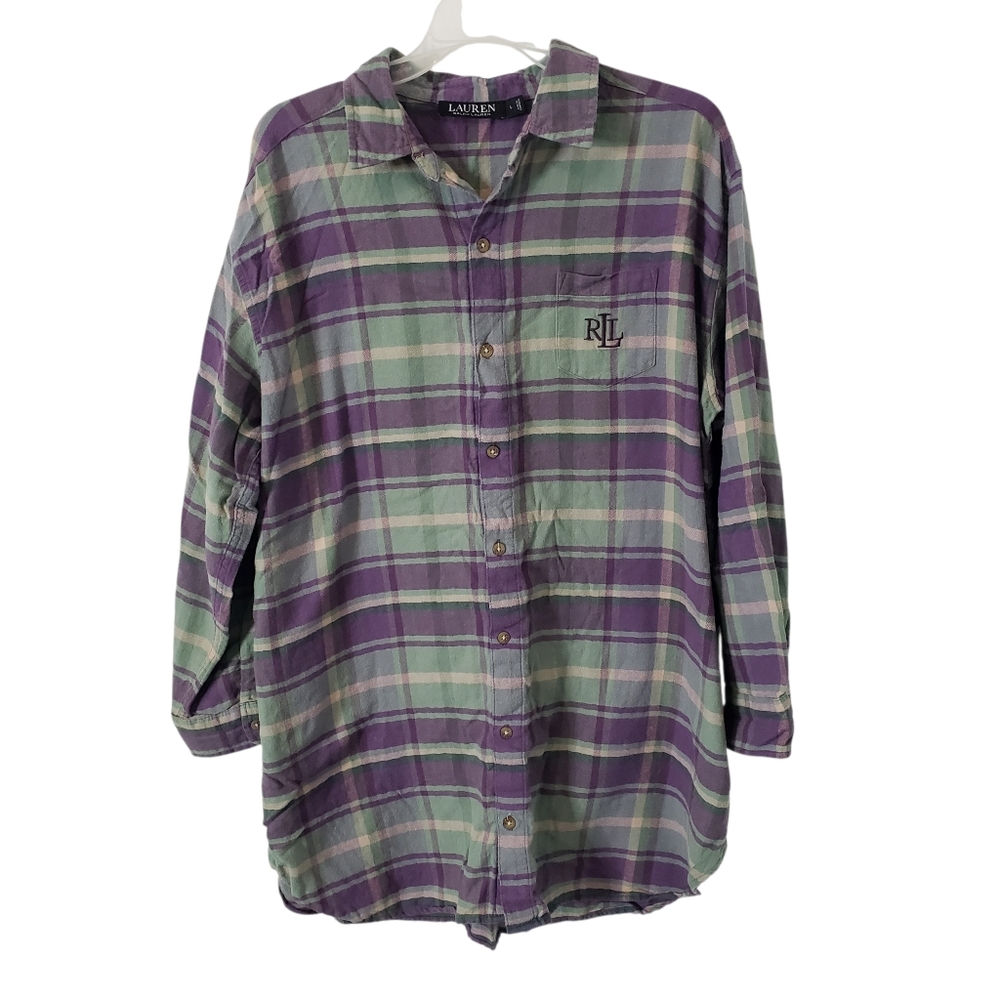 Lauren Ralph Lauren Plaid Cotton Blend Herringbone Sleep Lounge Shirt Size Large - Picture 2 of 11